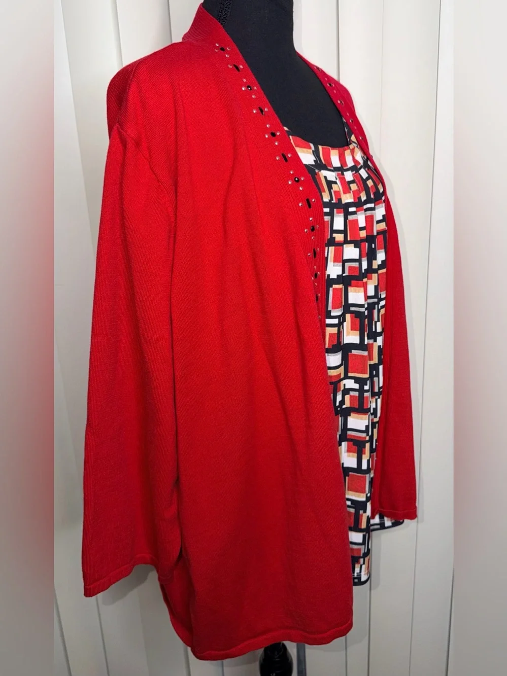 Alfred Dunner Women's Jet Setter Red Black Geometric Inner Two In One Sweater 3X